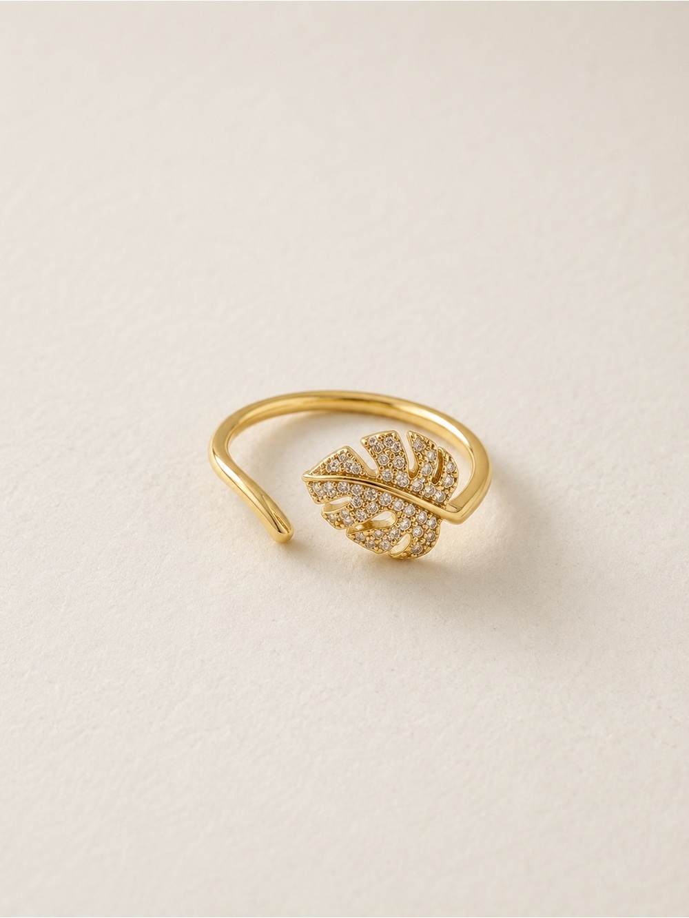 Gold Plated Leaf Pavé Open Ring - Women Jewelry